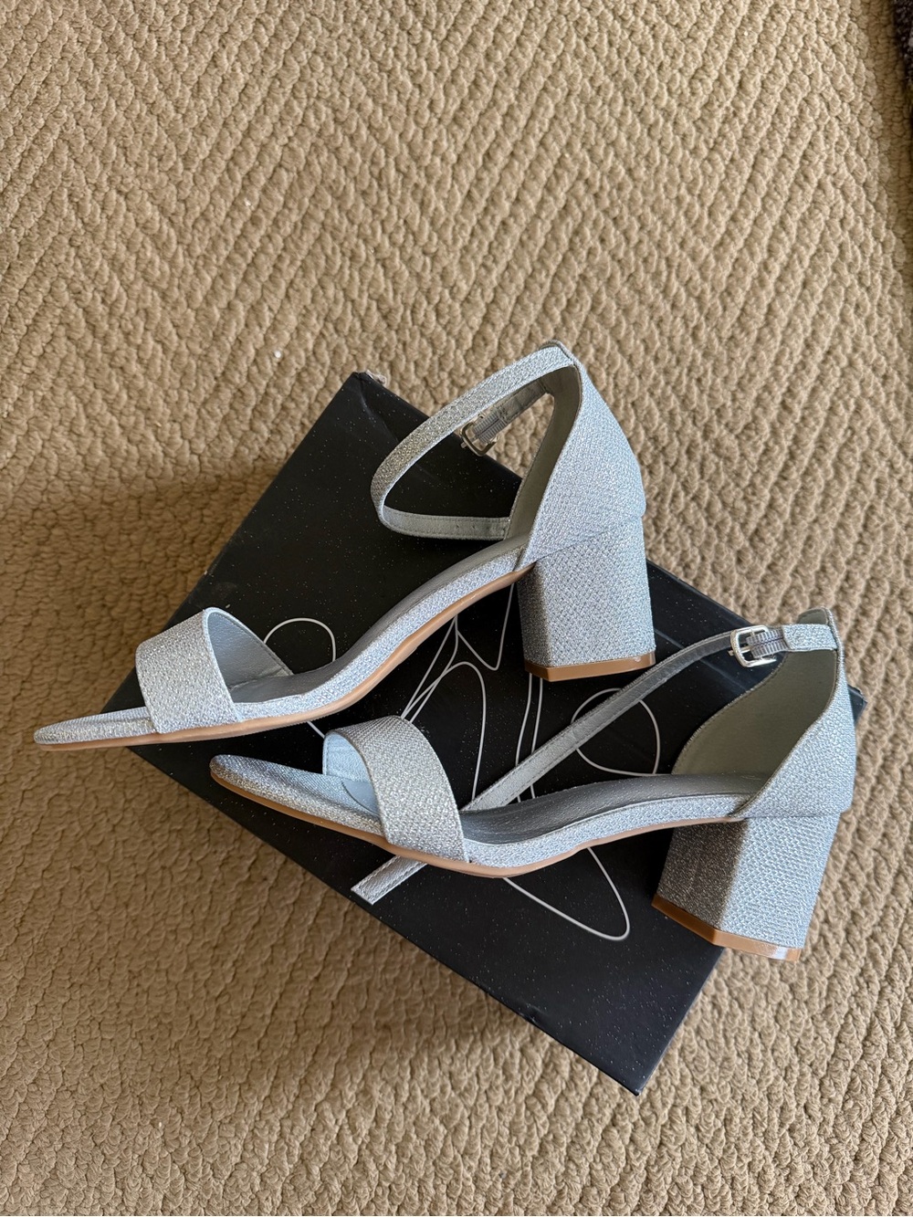Sparkle Block Heel Sandals with Ankle Strap - Silver